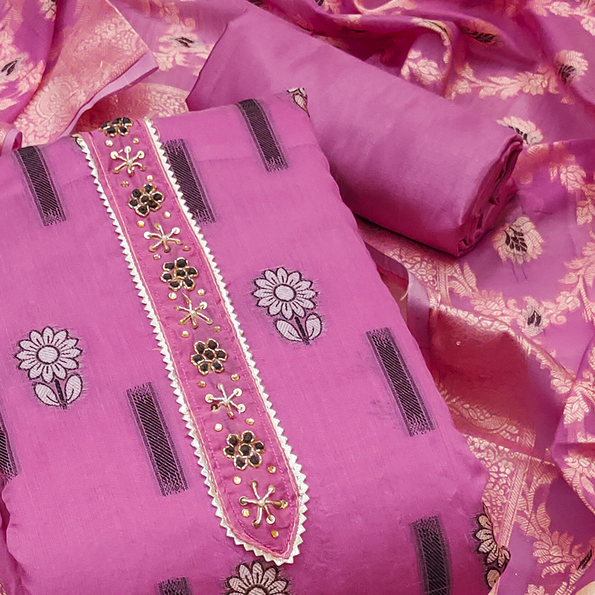 Pink Floral Woven With Handwork Chanderi Silk Dress Material