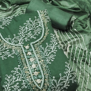 Bottle Green Sequins Embroidery With Handwork Organza Dress Material
