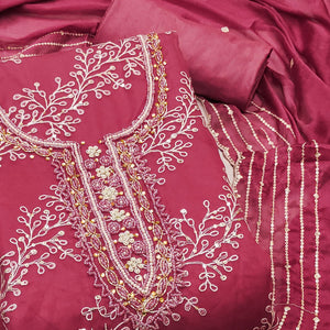 Pink Sequins Embroidery With Handwork Organza Dress Material