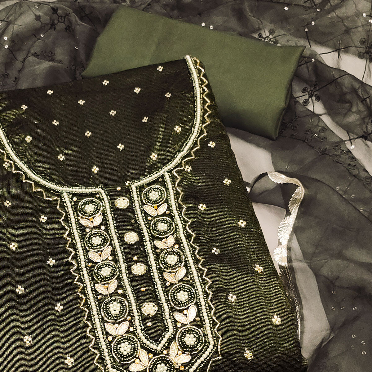 Green Woven With Handwork Organza Dress Material