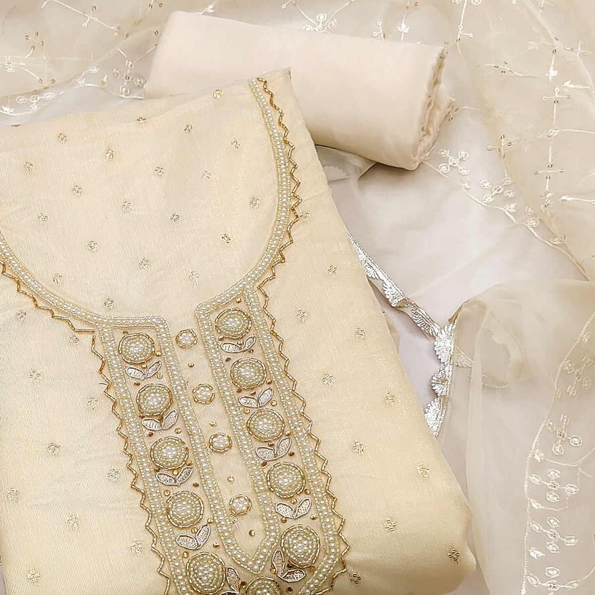 Offwhite Woven With Handwork Organza Dress Material