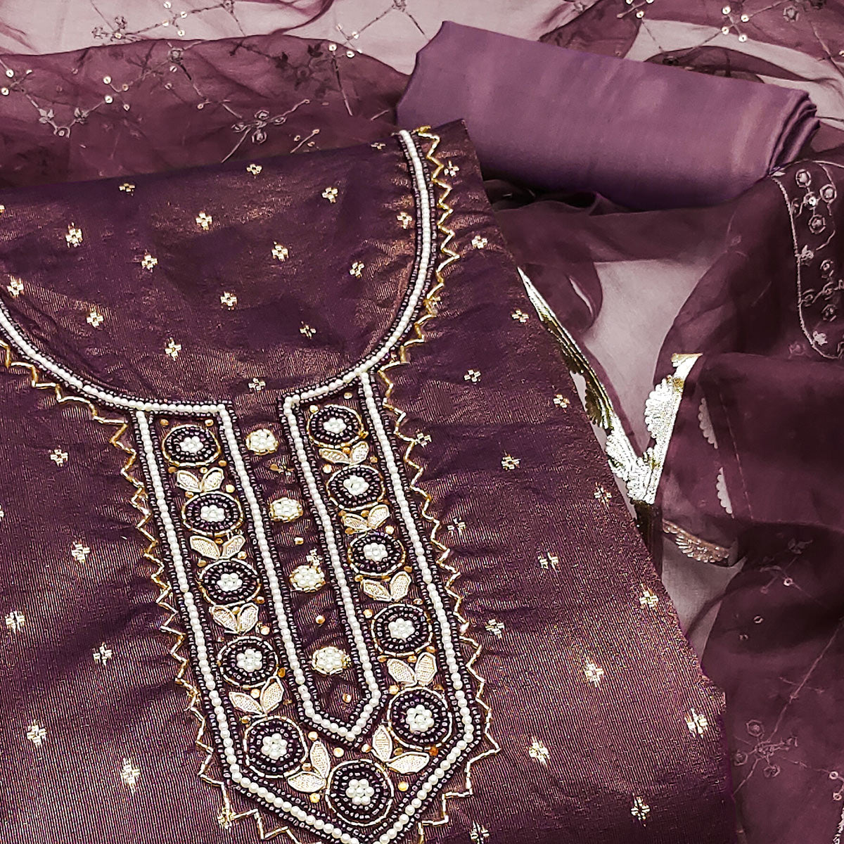 Wine Woven With Handwork Organza Dress Material