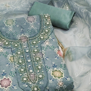 Blue Digital Printed With Hand Embroidered Organza Dress Material