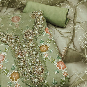 Green Digital Printed With Hand Embroidered Organza Dress Material