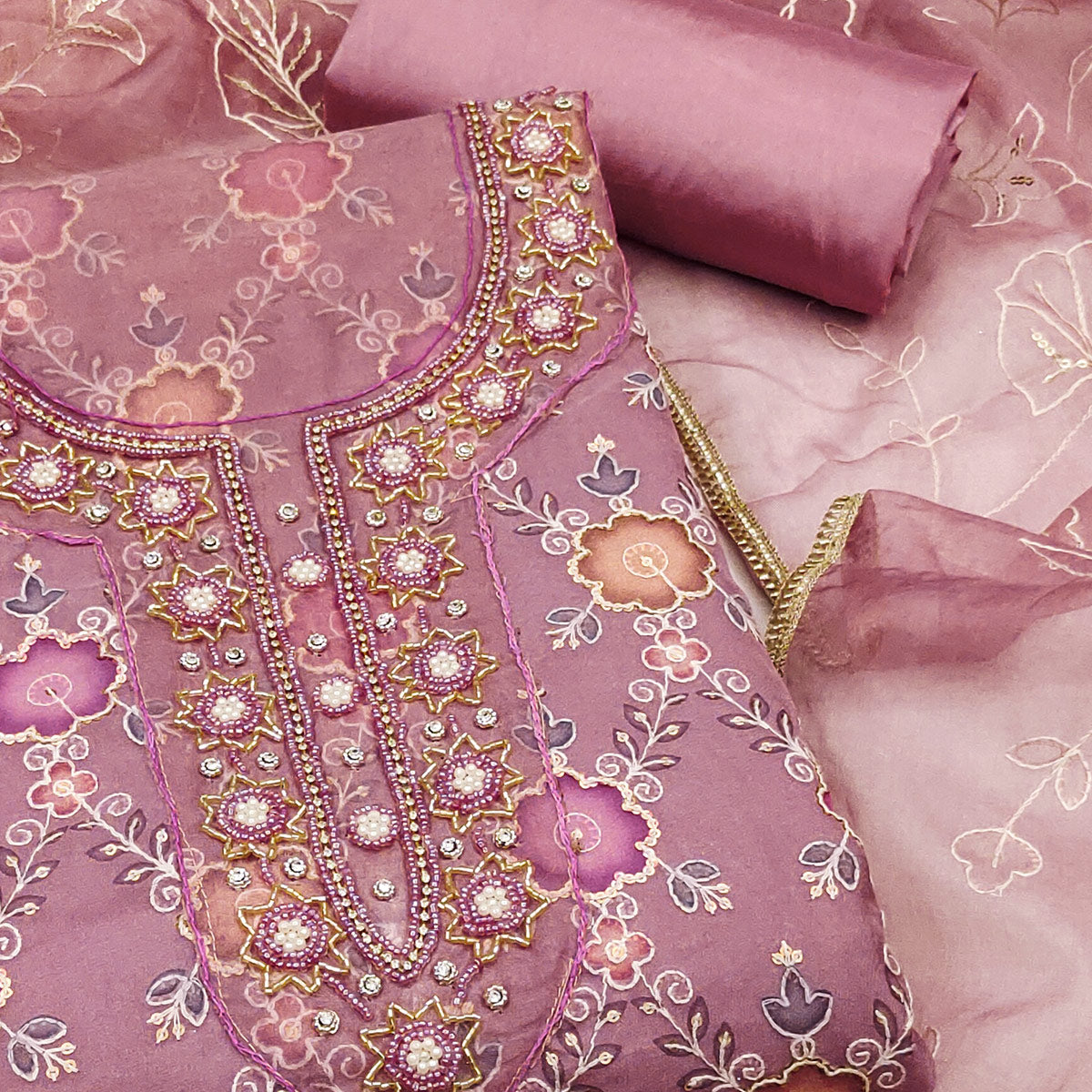Purple Digital Printed With Hand Embroidered Organza Dress Material