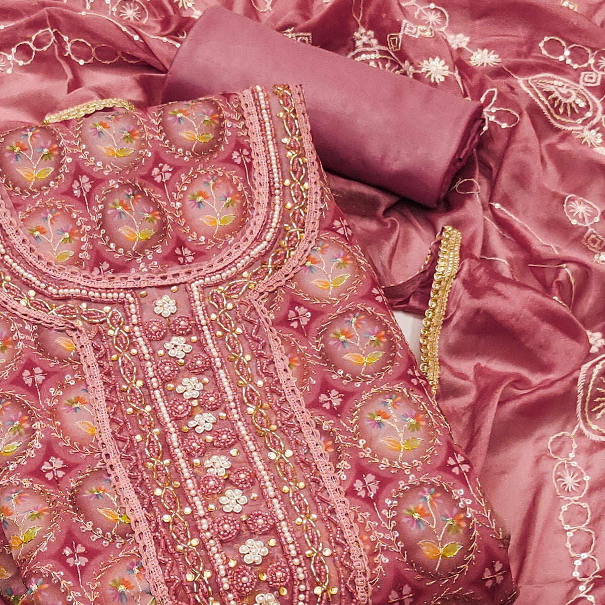 Pink Sequins Embroidery With Handwork Organza Dress Material