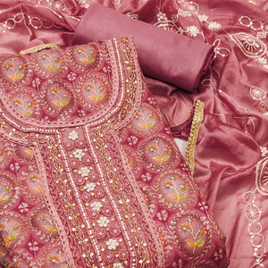 Pink Sequins Embroidery With Handwork Organza Dress Material