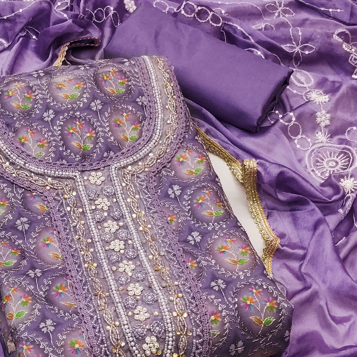 Purple Sequins Embroidery With Handwork Organza Dress Material