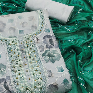 Light Grey Hand Embroidery With Digital Printed Organza Dress Material