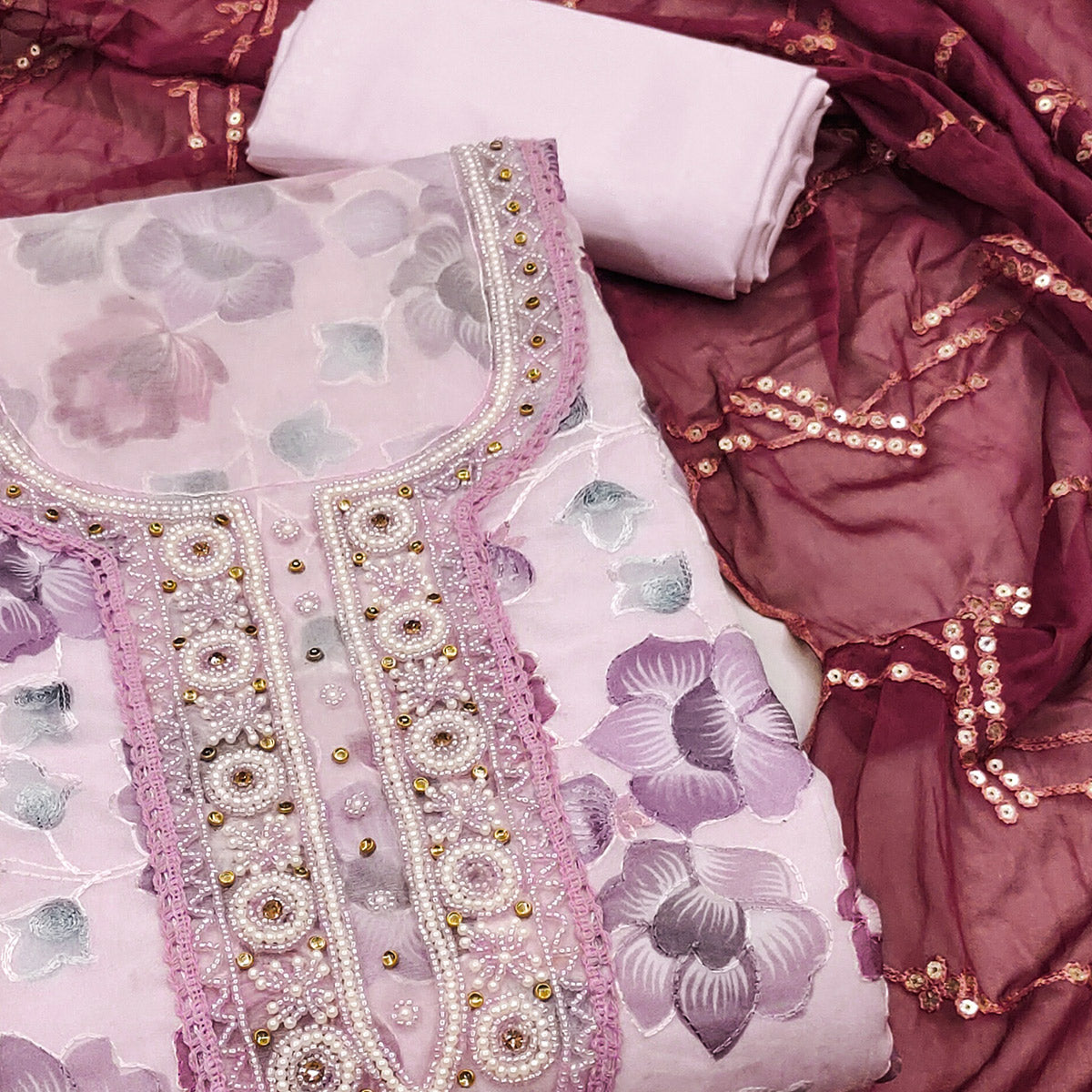 Light Pink Hand Embroidery With Digital Printed Organza Dress Material