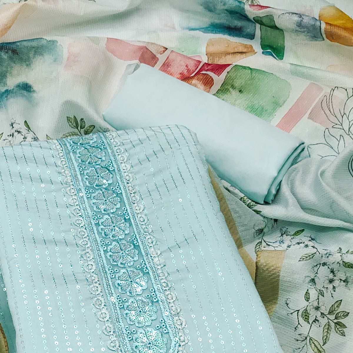 Blue Floral Sequin Embroidered Cotton Silk Dress Material