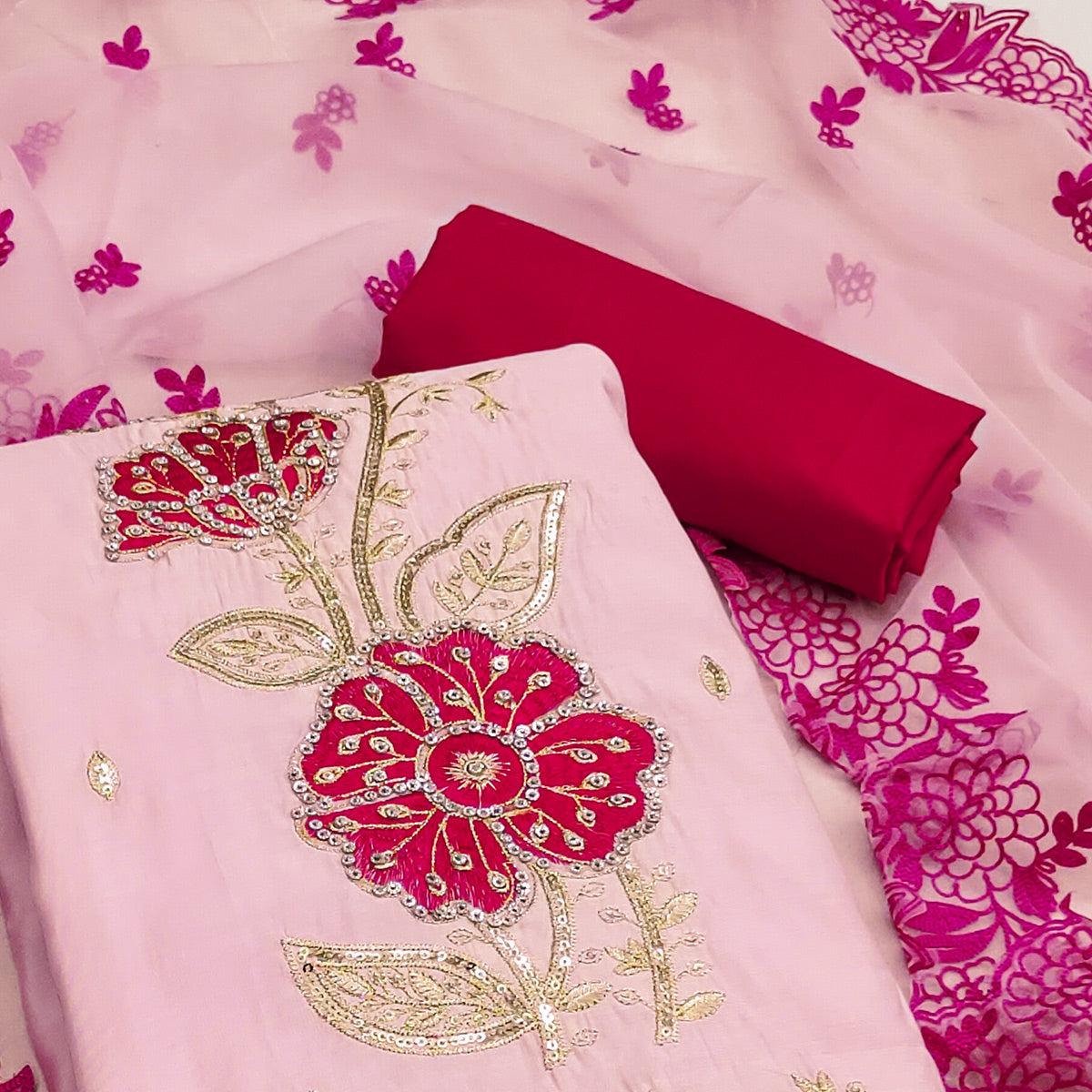 Pink Floral Hand Embroidered Cotton Silk Dress Material