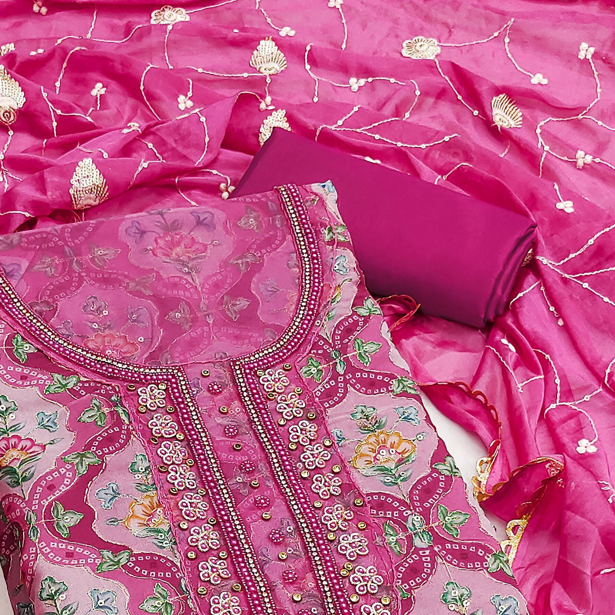 Rani Pink Floral Printed With Hand Embroidery Organza Dress Material