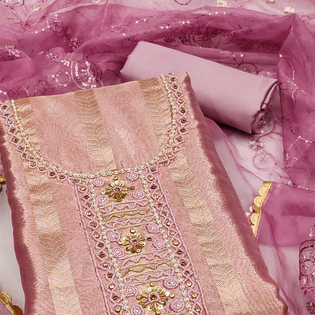 Mauve Sequins Hand Embroidery Organza Dress Material