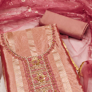 Peach Sequins Hand Embroidery Organza Dress Material