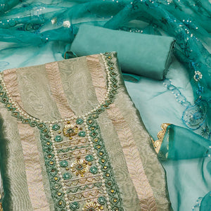 Rama Green Sequins Hand Embroidery Organza Dress Material