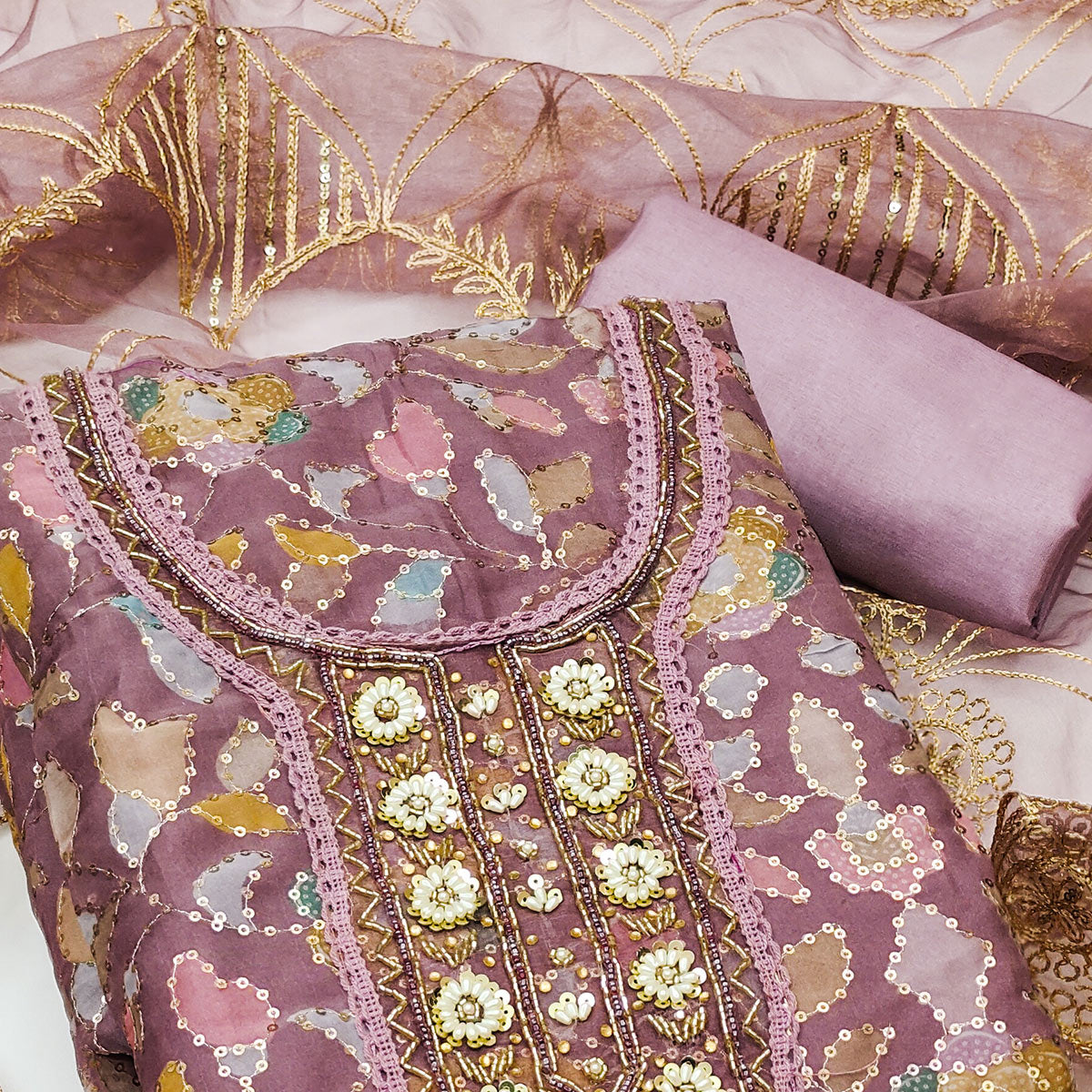 Mauve Floral Sequins Embroidery Organza Dress Material
