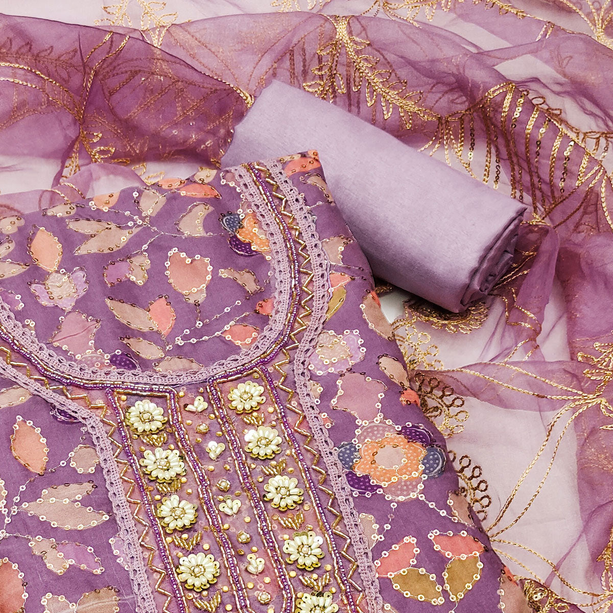 Purple Floral Sequins Embroidery Organza Dress Material