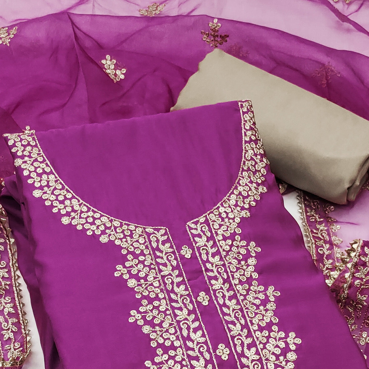 Purple Sequins Embroidered Cotton Silk Dress Material
