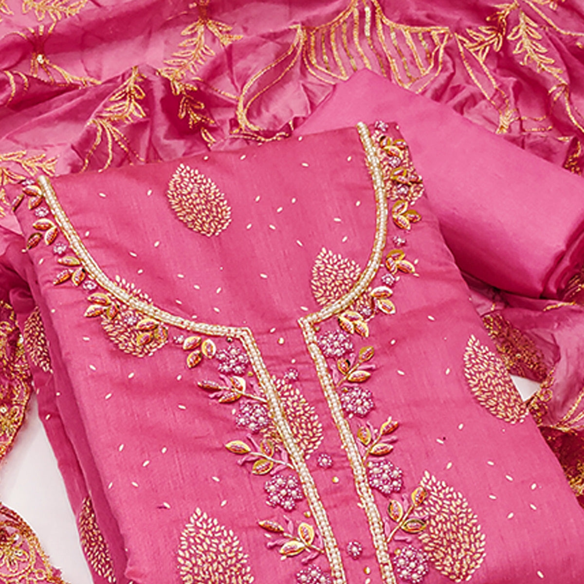 Pink Printed With Hand Embroidered Chanderi Silk Dress Material