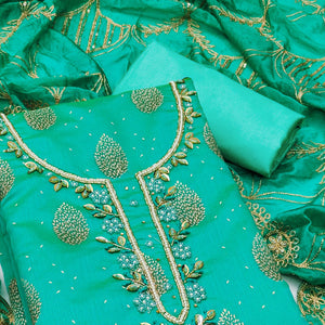 Turquoise Printed With Hand Embroidered Chanderi Silk Dress Material