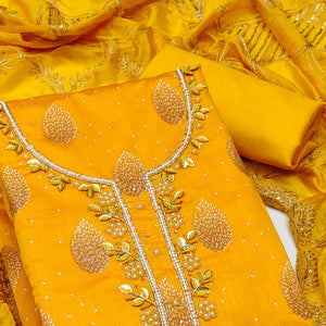 Yellow Printed With Hand Embroidered Chanderi Silk Dress Material