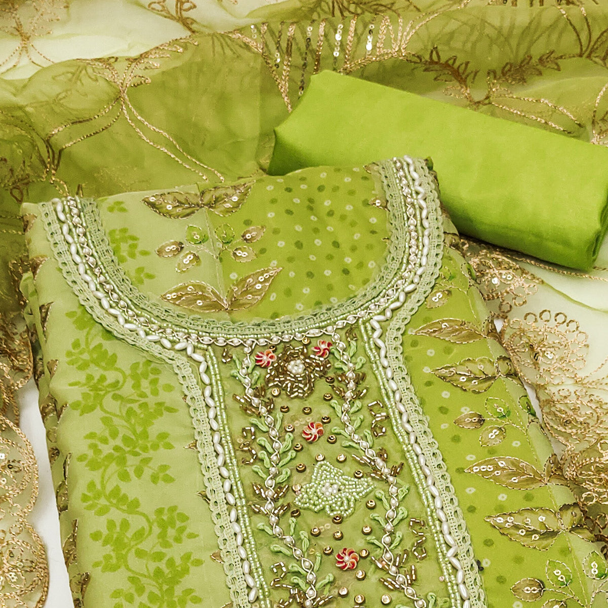 Green Floral Sequins Embroidery With Printed Organza Dress Material