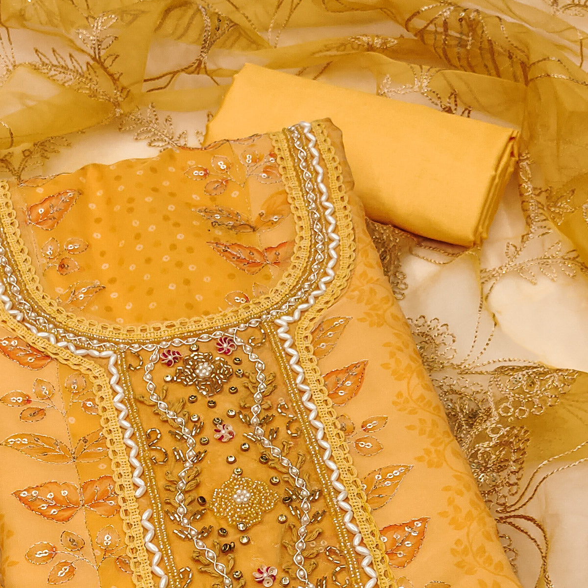 Mustard Floral Sequins Embroidery With Printed Organza Dress Material