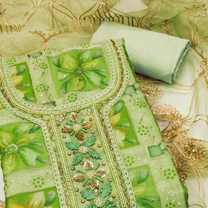 Green Floral Print With Sequins Hand Embroidered Organza Dress Material