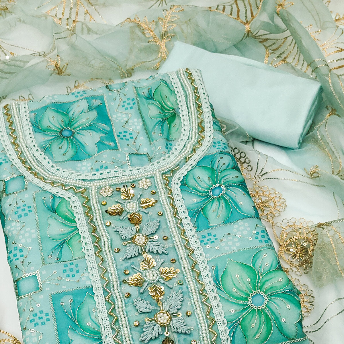 Turquoise Floral Print With Sequins Hand Embroidered Organza Dress Material
