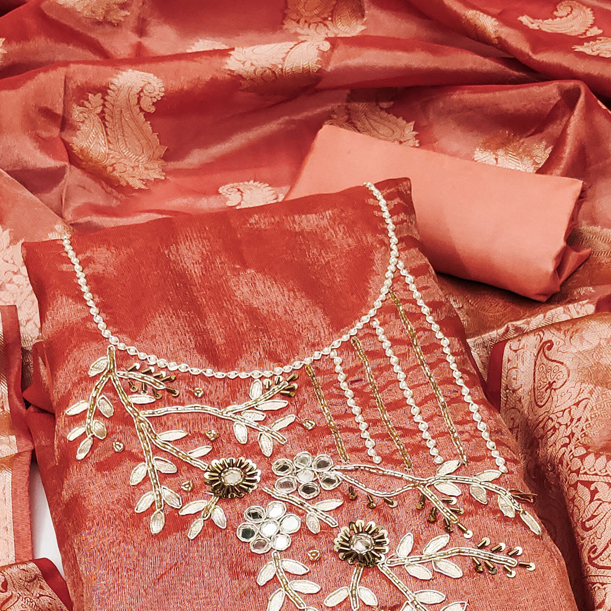 Dark Peach Floral Moti With Gota Patti Handwork Viscose Dress Material