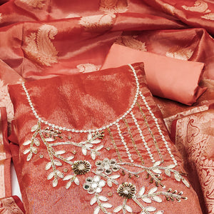 Dark Peach Floral Moti With Gota Patti Handwork Viscose Dress Material