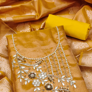 Mustard Floral Moti With Gota Patti Handwork Viscose Dress Material