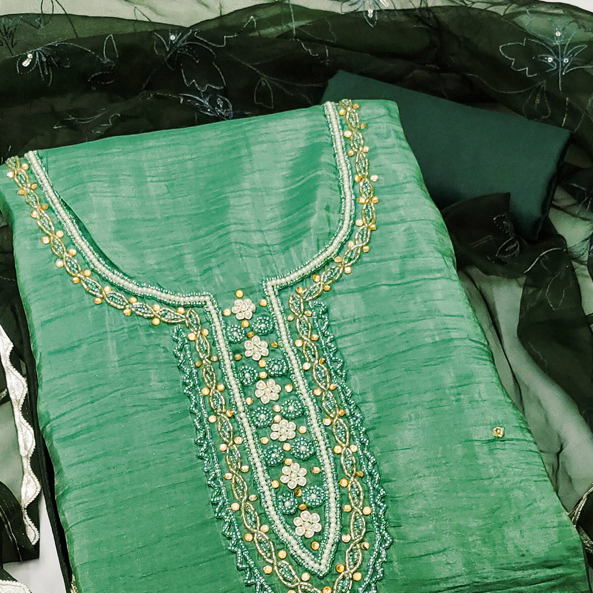 Green Floral Handwork Viscose Dress Material