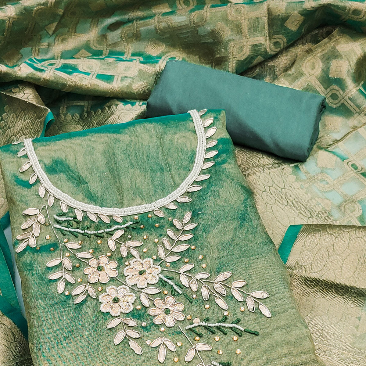 Rama Green Floral Moti With Gota Patti Handwork Viscose Dress Material