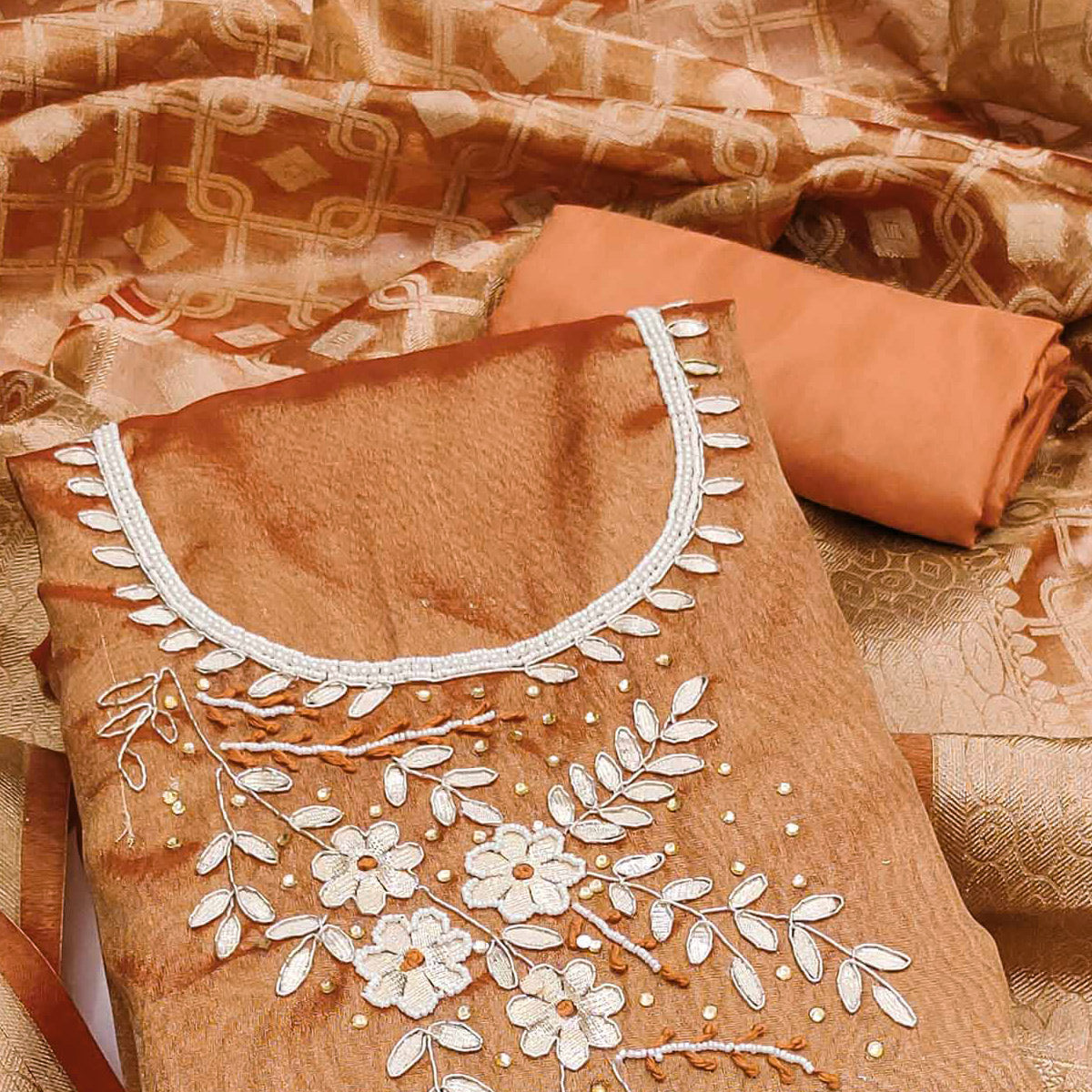 Rust Orange Floral Moti With Gota Patti Handwork Viscose Dress Material