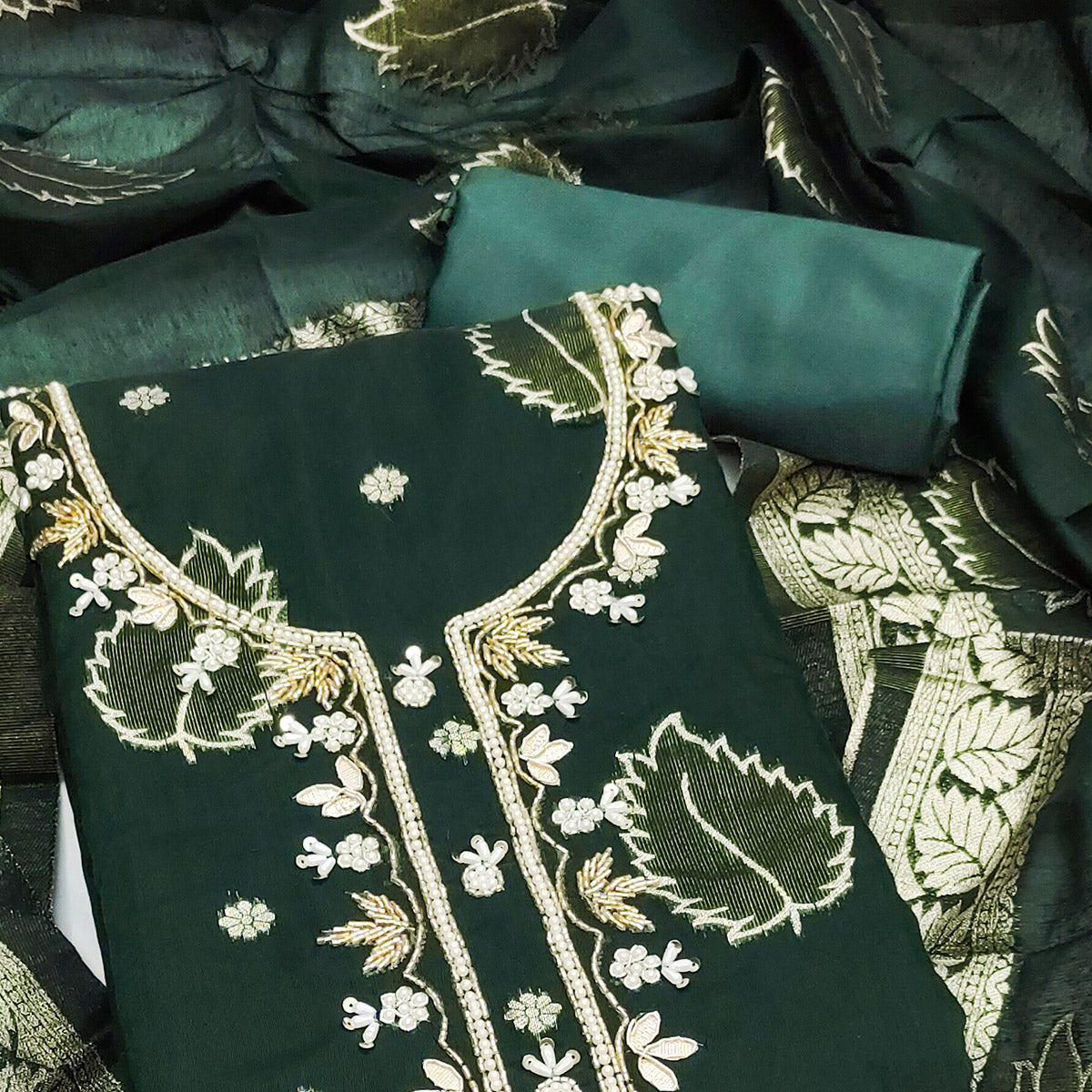 Green Floral Woven With Handwork Chanderi Banarasi Dress Material