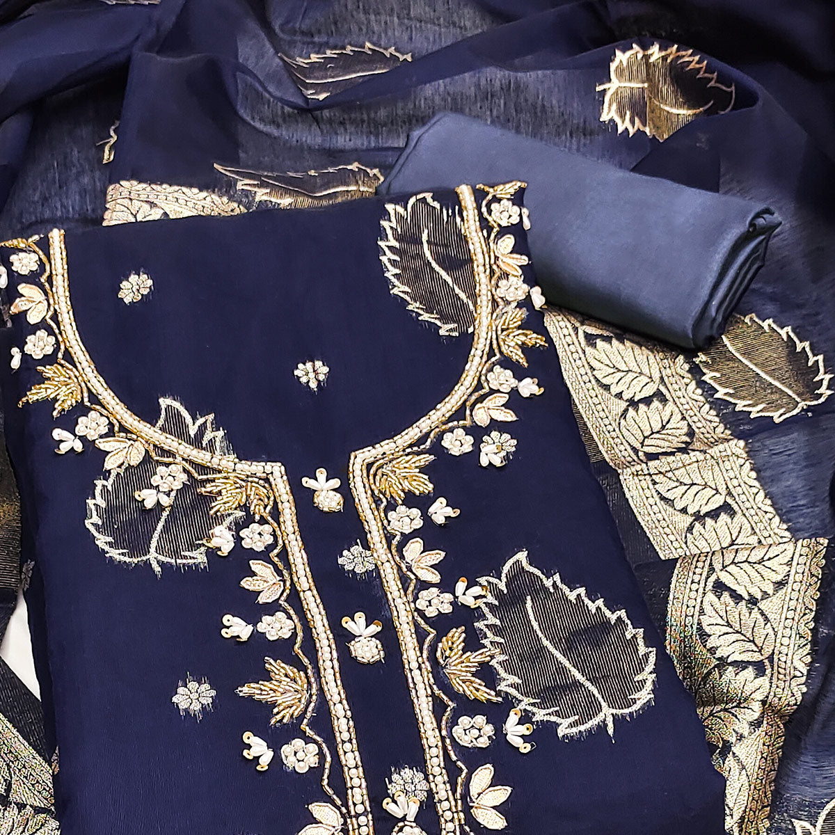 Navy Blue Floral Woven With Handwork Chanderi Banarasi Dress Material