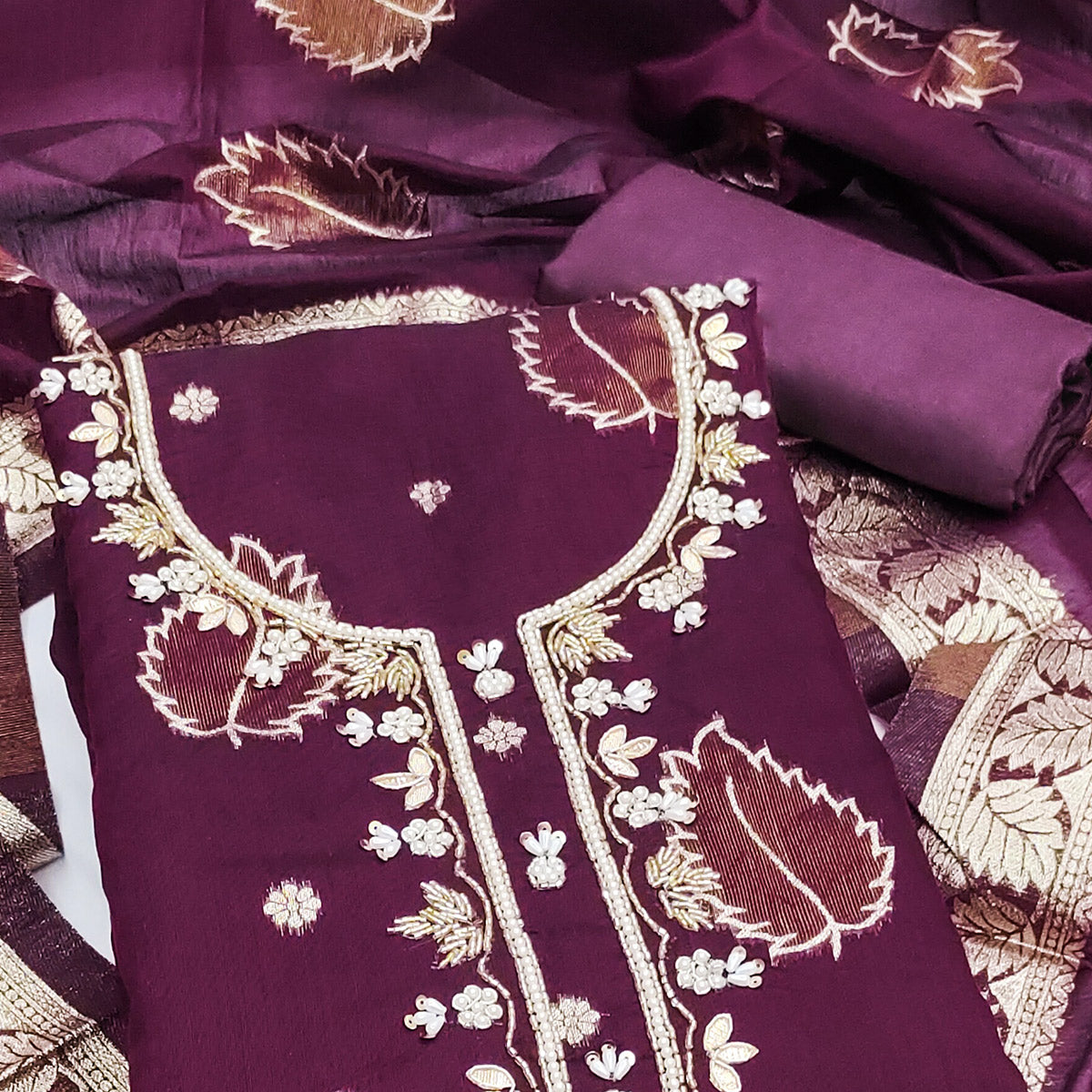 Purple Floral Woven With Handwork Chanderi Banarasi Dress Material