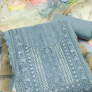 Grey Floral Sequins Embroidered Cotton Silk Dress Material