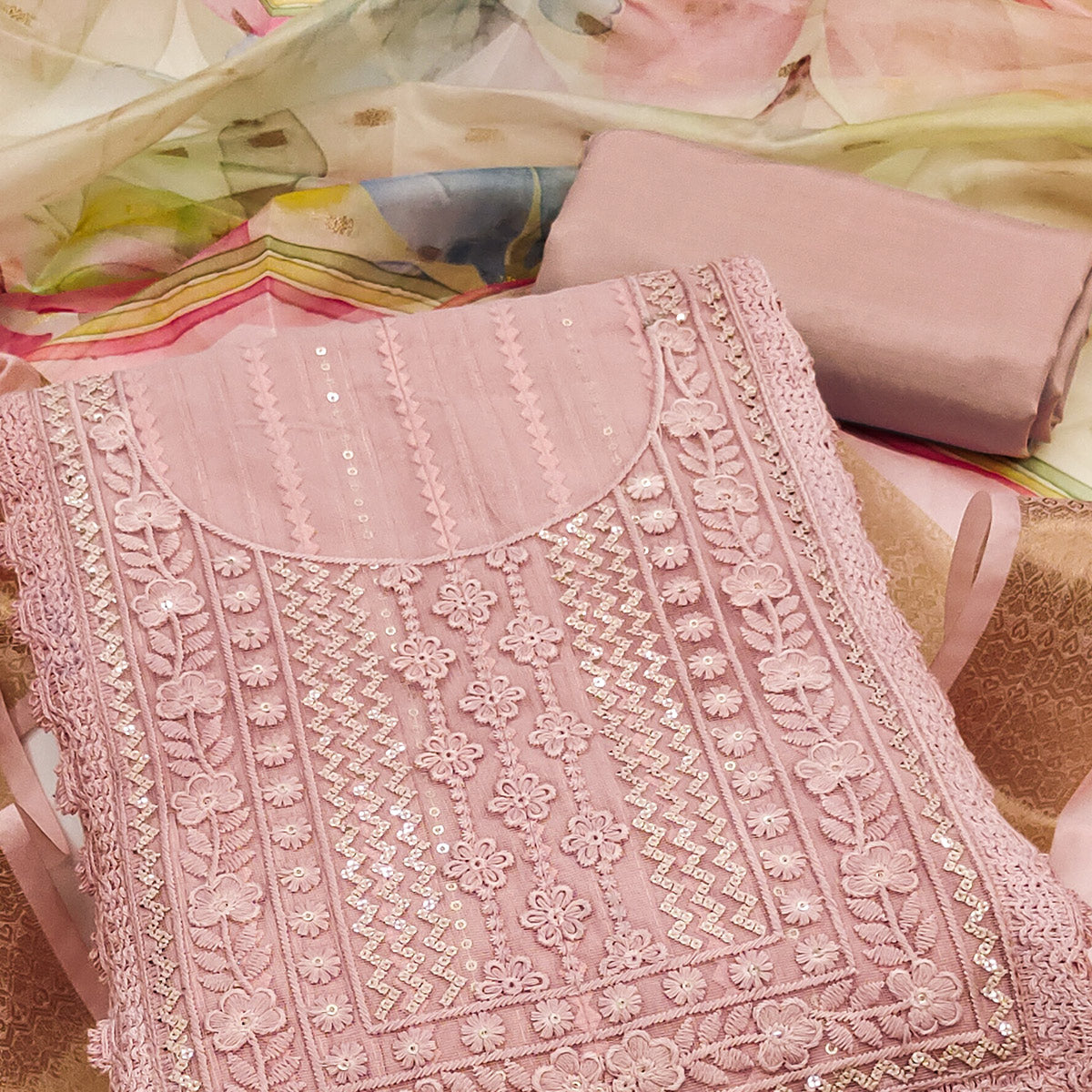 Peach Floral Sequins Embroidered Cotton Silk Dress Material