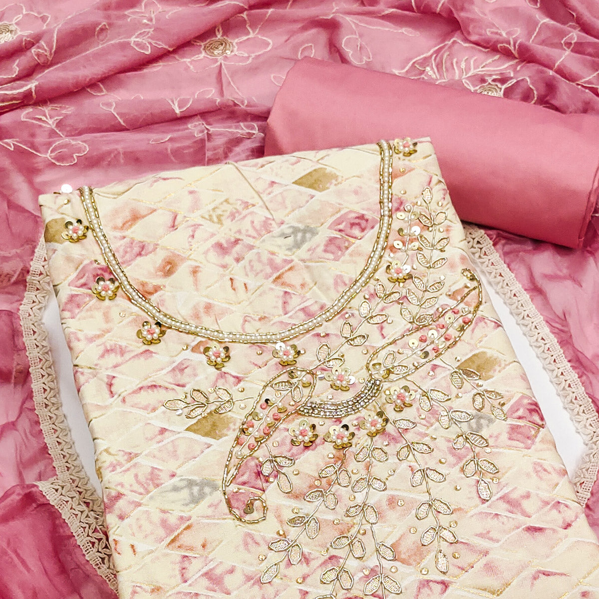 Cream & Pink Printed With Handwork Pure Cotton Dress Material