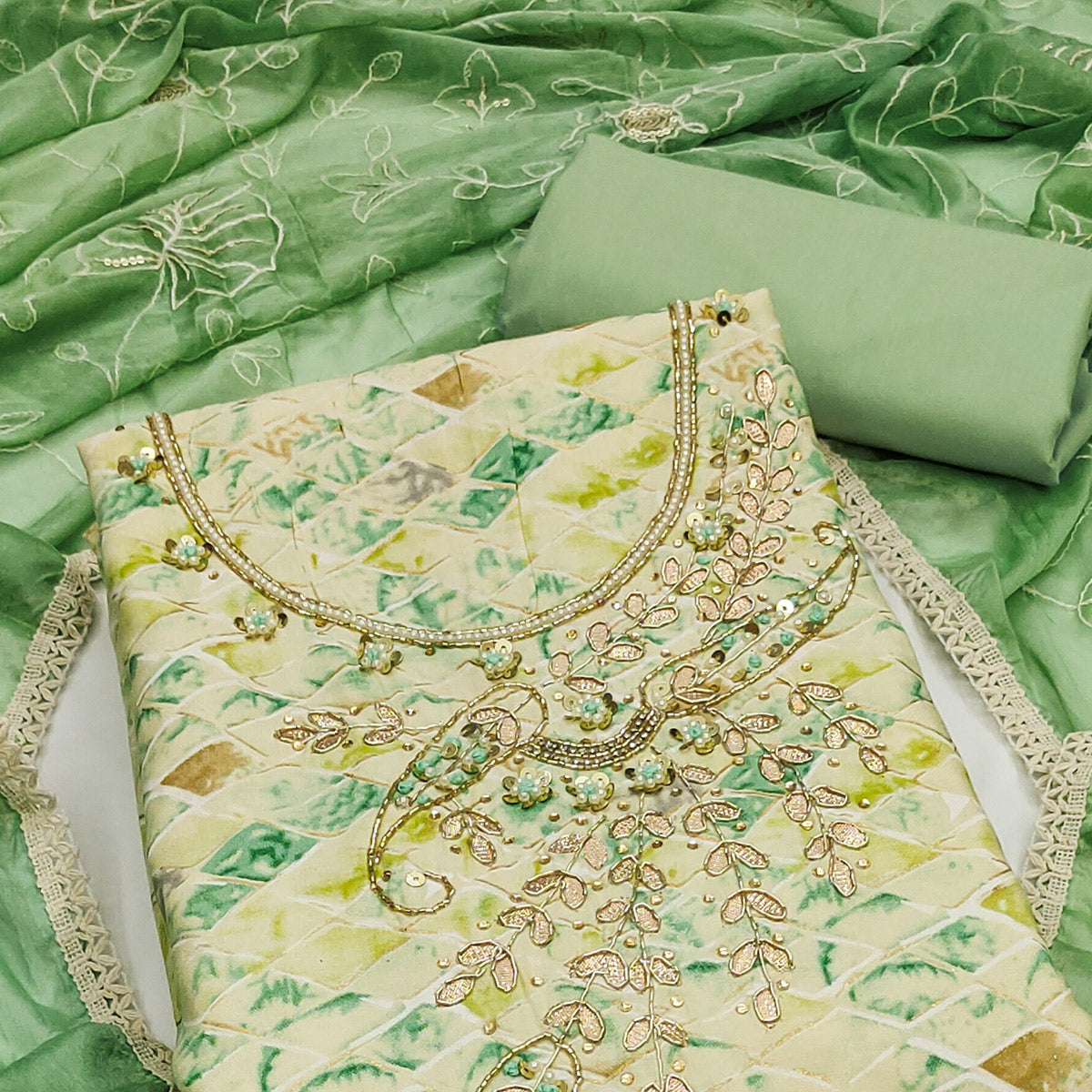 Cream & Pista Green Printed With Handwork Pure Cotton Dress Material