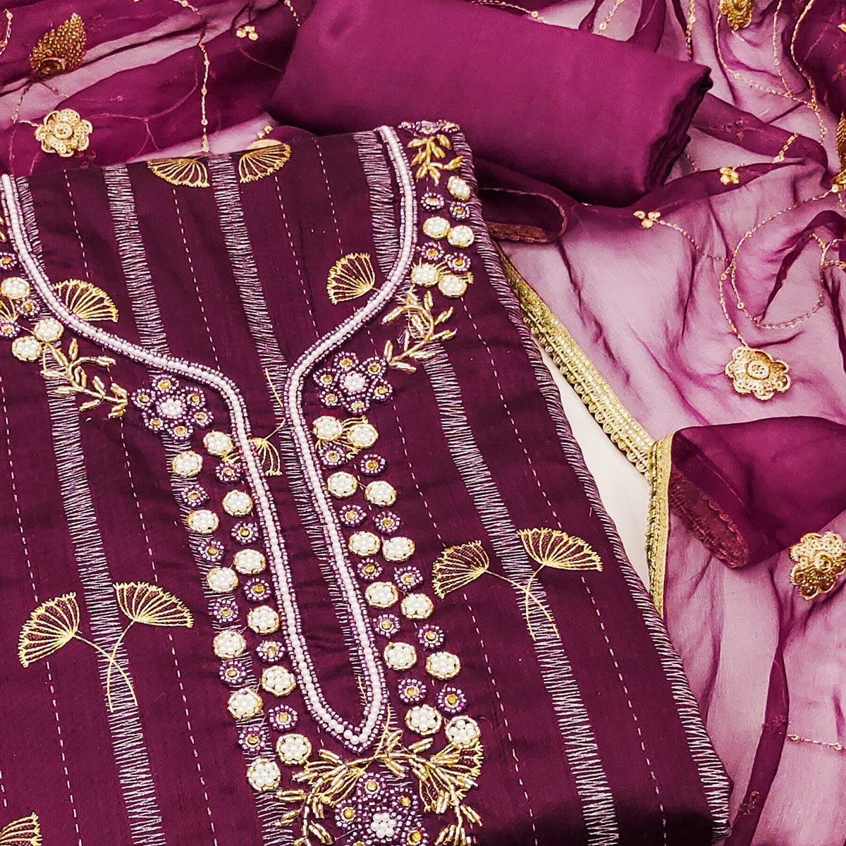 Purple Floral Foil Printed With Handwork Chanderi Dress Material