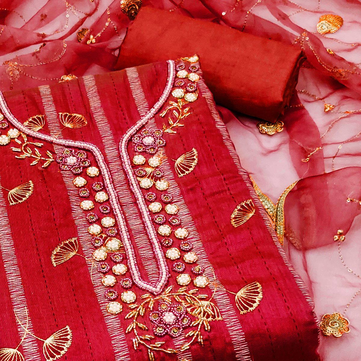 Red Floral Foil Printed With Handwork Chanderi Dress Material