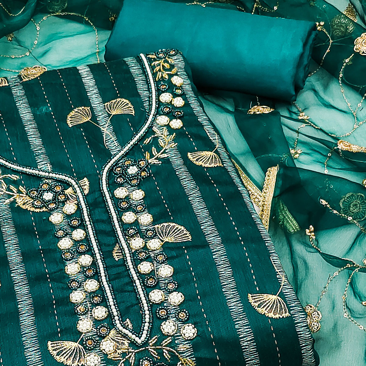 Teal Floral Foil Printed With Handwork Chanderi Dress Material