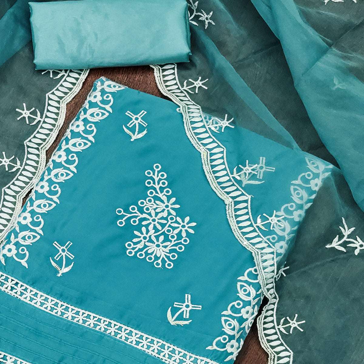 Blue Floral Sequins Embroidered Organza Dress Material