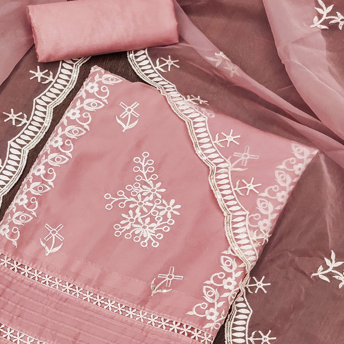 Peach Floral Sequins Embroidered Organza Dress Material