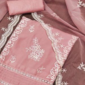 Peach Floral Sequins Embroidered Organza Dress Material