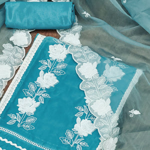 Blue Floral Embroidery With Stonework Organza Dress Material